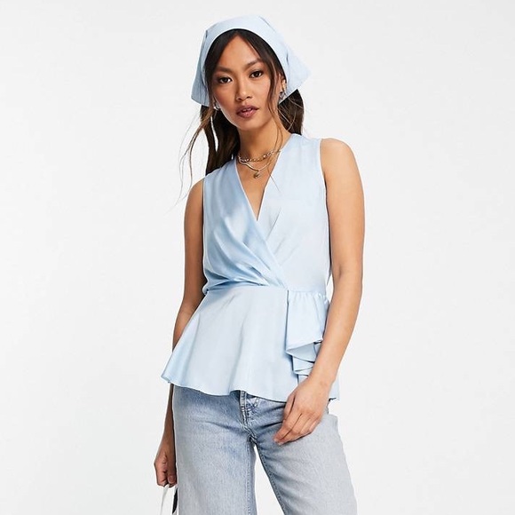 River Island drapey satin sleeveless top in light blue sexy ruffle shirt size 14 - Picture 2 of 16